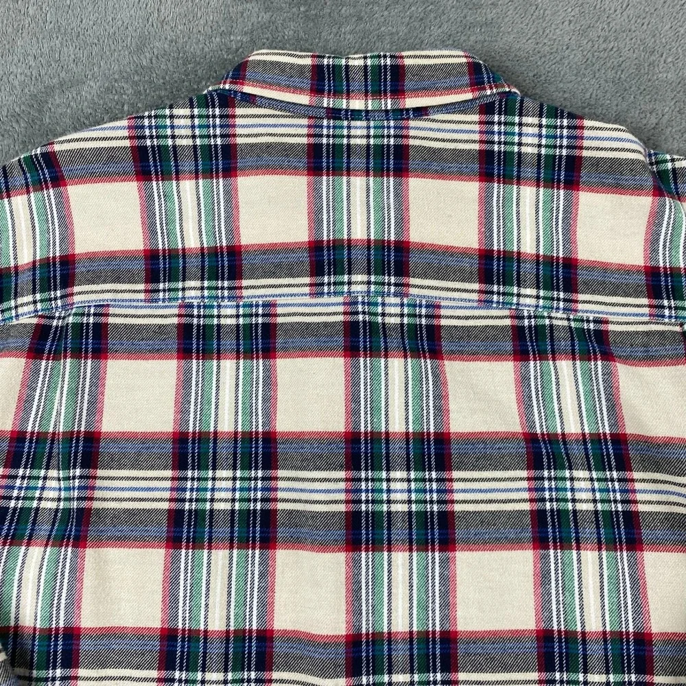 Lucky Brand Mens XL Shirt Cream Red Green Plaid Classic Fit Flannel Button Down
